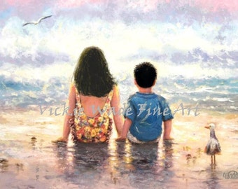 Sister Brother Beach Art Print, boy and girl, little brother big sister, brunettes, blonde beach kids, Hispanic, Latino, Vickie Wade Art