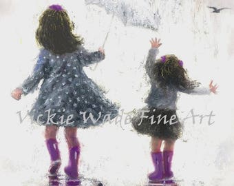 Sisters Art Print, two girls, two sisters, rain sisters, girls bedroom art, gray purple, mother gift, rain girls, wall art, Vickie Wade art