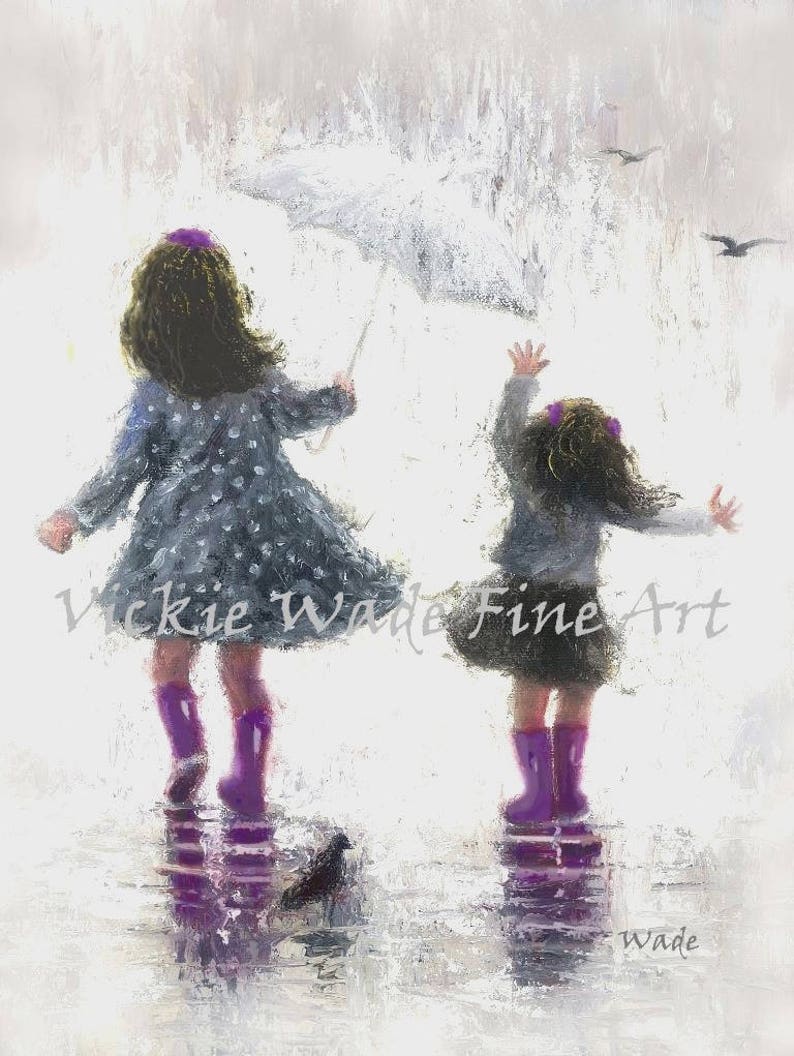 Sisters Art Print, two girls, two sisters, rain sisters, girls bedroom art, gray purple, mother gift, rain girls, wall art, Vickie Wade art image 1