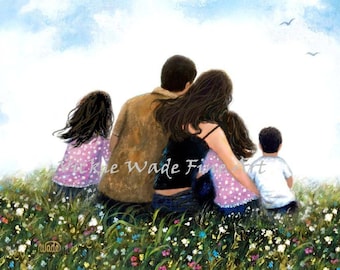 Family Three Children Art Print, mom dad two daughters and son, two sisters and brother, two girls and boy, sitting in meadow, Vickie Wade