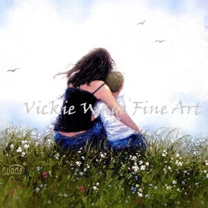 Mother and Son Hugs Art Print, mom, mum, momma sitting with son in wildflower meadow, mom hugging son, mother gift one son, Vickie Wade Art