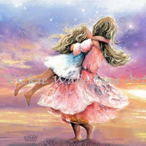 Two Sisters Twirling at Sunset Art Print, two girls spinning, brunette, two daughters, big sister little sister, Vickie Wade Art image 4