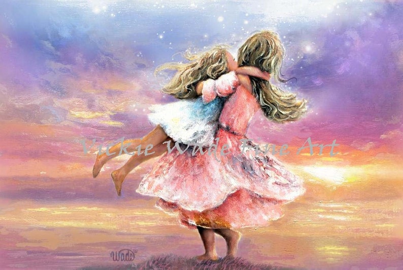 Two Sisters Twirling at Sunset Art Print, two girls spinning, brunette, two daughters, big sister little sister, Vickie Wade Art image 4