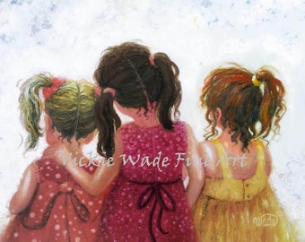 Three Sisters Art Print, three daughters, three girls, blond brunette redhead, sister gift, mother's day gift, hugging, Vickie Wade Art