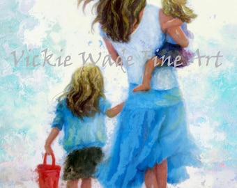 Beach Mother Two Daughters Blondes Art Print, two sisters, two blonde girls beach mom, blonde mom wall decor, beach art, Vickie Wade Art