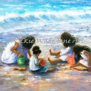 May include: Four children play on a sandy beach with blue water in the background. They are all wearing colorful clothing and holding buckets and shovels. The children are having fun playing in the sand.