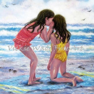 Beach Girls Art Print, two sisters beach, two girls beach, whispering, best friends, blonde girl friends, wall decor, ocean, Vickie Wade art image 1