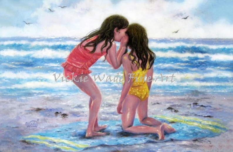 Beach Girls Art Print, two sisters beach, two girls beach, whispering, best friends, blonde girl friends, wall decor, ocean, Vickie Wade art image 1