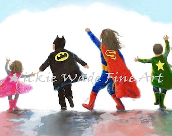 Four Superhero Children Art Print, four kids, two sisters two brothers, two girls two boys, two daughters two sons, Vickie Wade Art