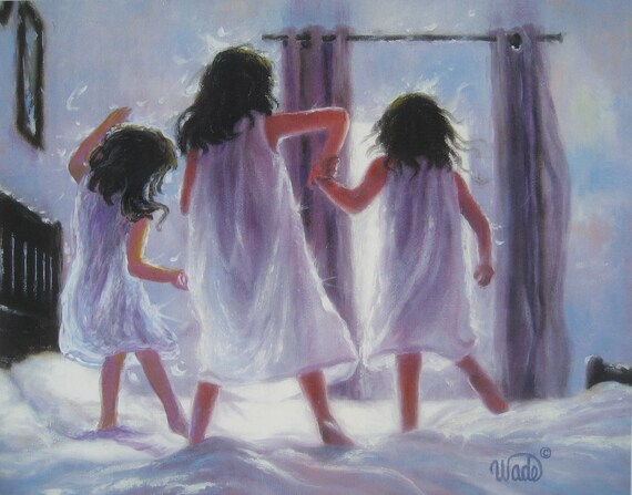 sisters three jumping bedroom bed friends wade sister painting vickie paintings brunettes lovers lavender decor playing mother fine oil hermanas