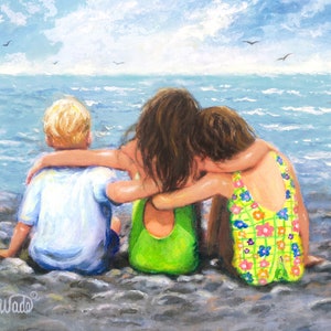 Three Beach Children Hugging Art Print, two sisters and little brother, two girls and little boy beach kids art, three kids, Vickie Wade Art image 2