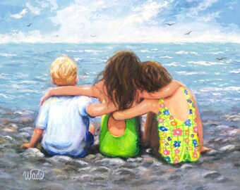 Three Beach Children Hugging Art Print, two sisters and little brother, two girls and little boy beach kids art, three kids, Vickie Wade Art
