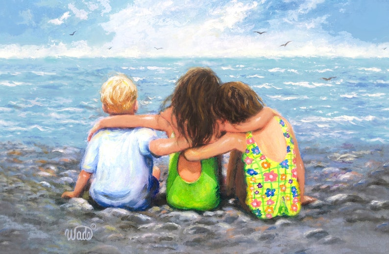 Three Beach Children Hugging Art Print, two sisters and little brother, two girls and little boy beach kids art, three kids, Vickie Wade Art image 2