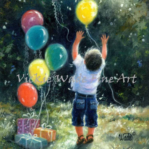 Birthday Boy Art Print little boy, balloons, one son, celebrate, balloon paintings joyful boy, angel boy memorial art, Vickie Wade Art