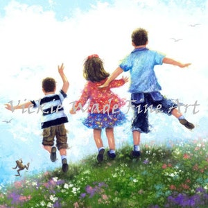Three Children Art Print two boys and girl, two brothers and sister, happy kids outdoors, children playing outdoors, frog, Vickie Wade art