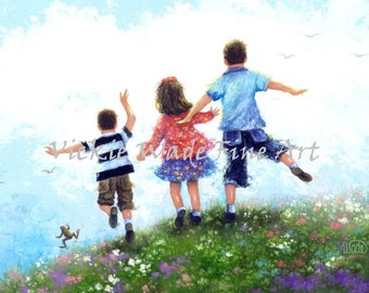 Three Children Art Print two boys and girl, two brothers and sister, happy kids outdoors, children playing outdoors, frog, Vickie Wade art