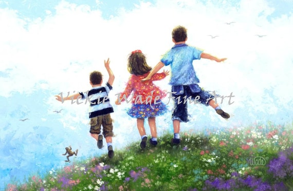 Three%20Children%20Art%20Print%20two%20boys%20and%20girl,%20two%20brothers%20and%20sister,%20happy%20%20kids%20outdoors,%20children%20playing%20outdoors,%20frog,%20Vickie%20Wade%20art