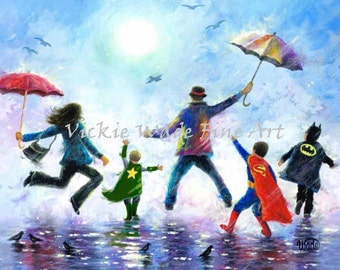 Three Boys Super Hero Art Print, three brothers, happy family dad mom, super hero kids, rain family art, three sons paintings, Vickie Wade