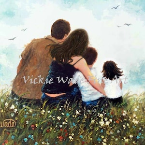 Family Hugs Art Print mother father brother little sister wall art, mom dad family hugging sitting in wildflower meadow, Vickie Wade Art