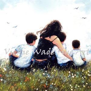Mother and Three Sons Art Print, mom, three boys, brunette mother, mom hugging three sons, mother's day gift, mum art,  Vickie Wade Art