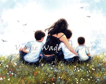 Mother and Three Sons Art Print: Brunette Mom Hugging Boys