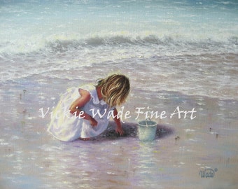 Beach Girl Art Print, blond beach girl, beach art, beach paintings, beach decor, nursery, beach children, shelling, seafoam, Vickie Wade Art