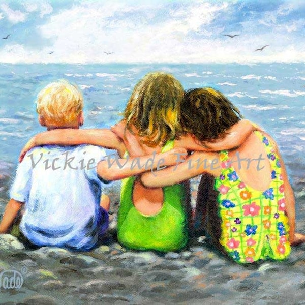 Three Beach Children Hugging Art Print, two sisters little blonde brother, two girls and boy, three beach kids art, Vickie Wade Art