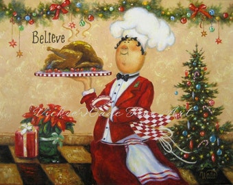 Christmas Chef Art Print, fat chefs Christmas chef paintings chef prints chef art kitchen, red, Christmas wall decor  Vickie Wade art