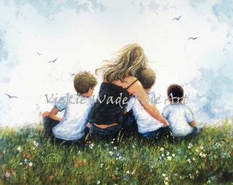 Mother and Three Sons Art Print, mom, three boys, blonde mother, mom hugging three sons, mother's day gift, mum art,  Vickie Wade Art