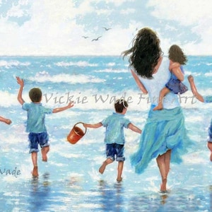 Beach Mother Four Sons and Daughter Art Print, five beach children, four boys and girl, four brothers and sister, Vickie Wade Art