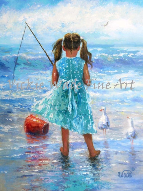 Little Beach Girl Fishing Art Print, Fishing, Little Girl Fishing