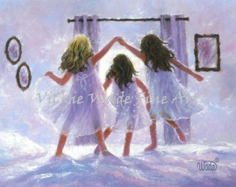 Three Sisters Art Print, jumping on the bed, three girls, bedroom wall art, brunette sisters, London bridges falling down,  Vickie Wade art