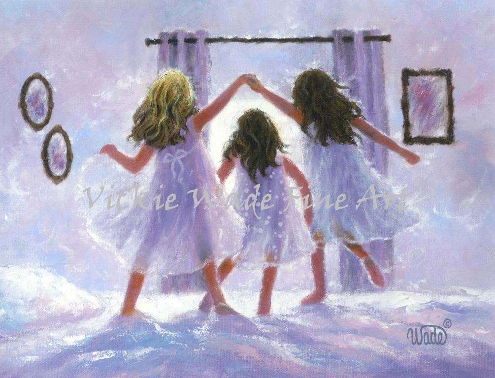 Three Sisters Art Print: Girls Jumping on Bed, Bedroom Wall Decor