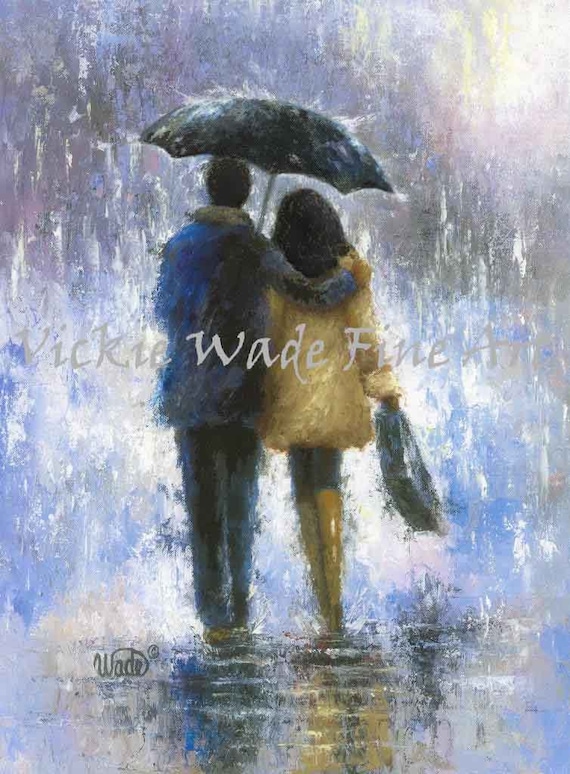D. Misanth 油彩画 カップル 雨傘 恋人たち雨アートプリント、愛し合うカップル、雨の中を歩く、愛