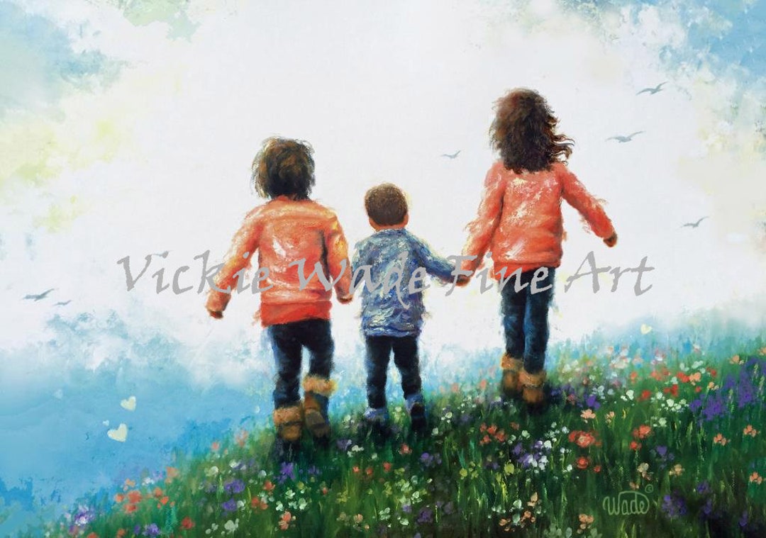 Three Children Art Print: Siblings Walking in Meadow - Etsy