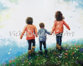 Three Children Holding Hands Art Print, two sisters little brother, two girls little boy walking in meadow holding hands, Vickie Wade Art