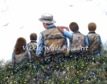 Father Three Sons and Daughter Art Print, sitting in meadow, four children, talking, three brothers one sister, dad four kids, Vickie Wade