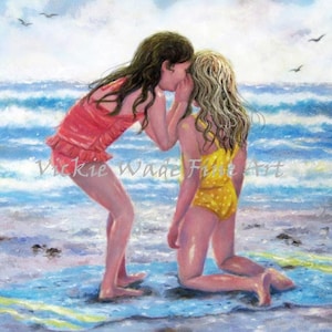 Beach Girls Art Print, two sisters beach, two girls beach, whispering, best friends, blonde girl friends, wall decor, ocean, Vickie Wade art image 4