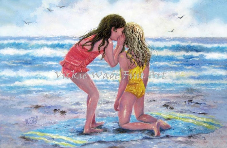Beach Girls Art Print, two sisters beach, two girls beach, whispering, best friends, blonde girl friends, wall decor, ocean, Vickie Wade art image 4
