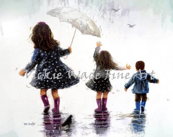 Two Sisters Little Brother Art Print, three children, three rain kids, two girls and little boy, walking in rain wall art, Vickie Wade Art