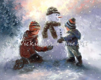 Snowman Two Boys Art Print two brothers, two sons, making snowman, building snowman, two boys in snow, winter, snowmen, Vickie Wade Art