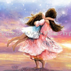 Two Sisters Twirling at Sunset Art Print, two girls spinning, brunette, two daughters, big sister little sister, Vickie Wade Art image 1