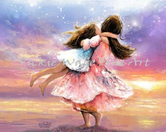 Two Sisters Twirling at Sunset Art Print, two girls spinning, brunette, two daughters, big sister little sister, Vickie Wade Art