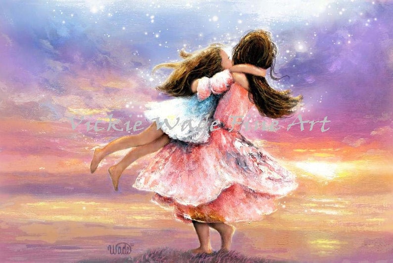 Two Sisters Twirling at Sunset Art Print, two girls spinning, brunette, two daughters, big sister little sister, Vickie Wade Art image 1