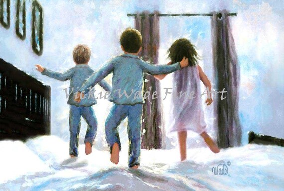 Children Jumping Art Print: Two Brothers and Sister Bedroom Wall