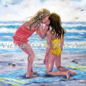 Beach Girls Art Print, two sisters beach, two girls beach, whispering, best friends, blonde girl friends, wall decor, ocean, Vickie Wade art image 3