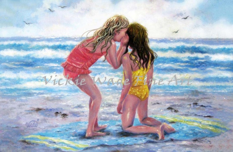 Beach Girls Art Print, two sisters beach, two girls beach, whispering, best friends, blonde girl friends, wall decor, ocean, Vickie Wade art image 3