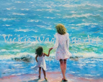 Mother and Daughter Beach Art Print, biracial daughter, blonde mother mom mum, African American girl, beach mother wall art, Vickie Wade Art
