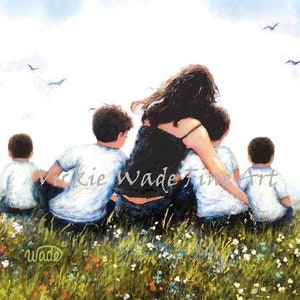 Mother Four Sons Art Print, four brothers, four boys, mom, mother of four boys, mum mom mother hugging four sons painting, Vickie Wade Art image 1