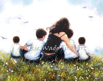 Mother Four Sons Art Print, four brothers, four boys, mom, mother of four boys, mum mom mother hugging four sons painting, Vickie Wade Art